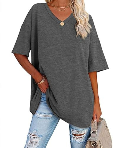 Ebifin Women's Oversized T Shirts Half Sleeve Plain V Neck T Shirt Basic Tees Loose Cotton Tunic Tops.Dark Grey.XL