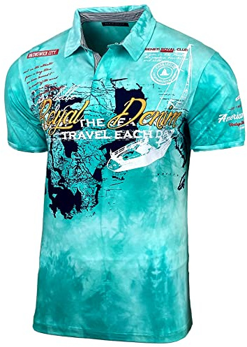 Herren Poloshirt Verwaschen Kurzarm Polo T-Shirt Slim Fit Design Fashion Top Print Royal Denim Batik Shirt 151, Farbe:Mint, Größe:XL