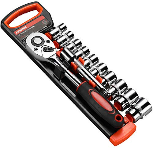 EGOFINE 12pcs 1/2 Inch Ratchet Socket Wrench Set, Drive Socket Set with 10 Sockets 10-15,17,19,22,24mm and 2 Way Quick Released Ratchet Handle and Extension Bar