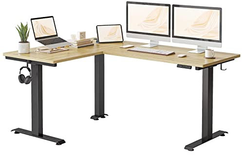 FEZIBO DREI Motoren Schreibtisch Höhenverstellbar Elektrisch, L Form Stehpult, Links und rechts austauschbar, 160 x 120 cm Stehschreibtisch eckschreibtisch, Schwarz Rahmen/Hell Nussbaum Tischplatte