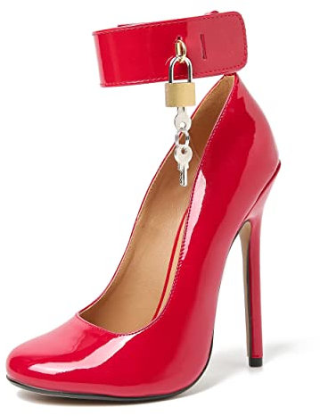 Damen Pumps 14cm Stiletto Lack Leather High Heels Runde Zehen Sandalen Absatzschuhe mit Schloss Abschlussball Bankett Pumpen,Rot,48 EU