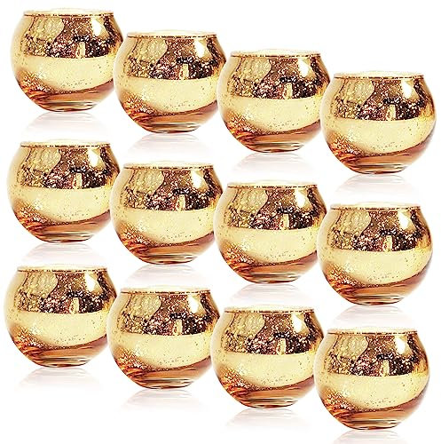 12 Pcs Photophore Verre Rond 5x5,5cm, Bougeoir Doré Rose Bleu Coloré Vintage avec Mouchetée, Porte Bougie Decoration Table, Supports Bougies Chauffe-Plat pour Votive Mariage Anniversaire Fête (Or)