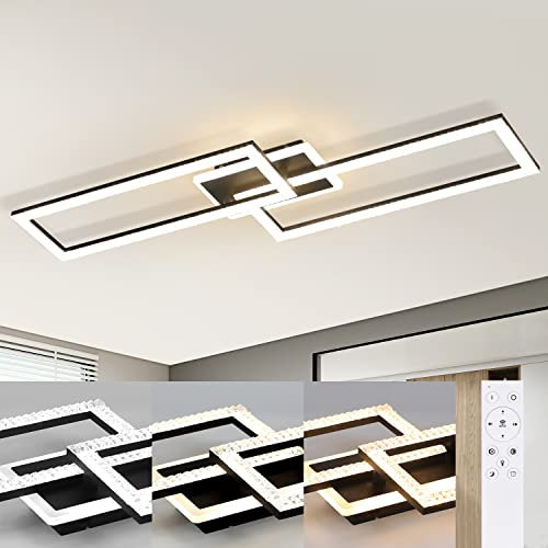 Glitzerlife LED Deckenlampe Deckenleuchte Dimmbar - Wohnzimmerlampe Schwarz Modern Kristall 56W 80cm Schlafzimmerlampe mit Fernbedienung Wohnzimmer küchenlampe Schlafzimmer Deckenbeleuchtung
