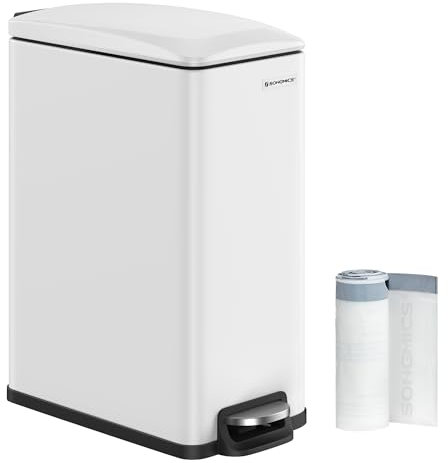 SONGMICS Cubo de Basura de Cocina de 48 L, Basurero con Pedal Delgado para Espacios Estrechos, Tapa de Cierre Suave y Cubeta Interior, Acero, con 15 Bolsas Incluidas, Blanco LTB510W4802