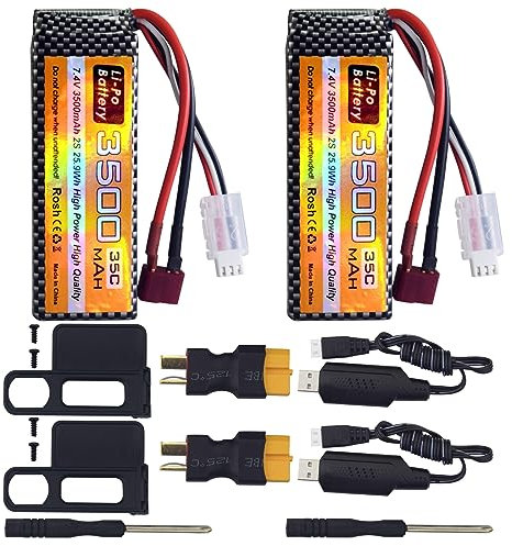 2PCS 7.4V 3500mAh 35C 2S Lipo Akku mit T Stecker und USB Ladekabel für MJX H16P H16E H16GT H16BM H16PL 14301 RC High-Speed Drift Modell Spielzeug Auto