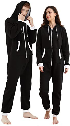 Dodheah Unisex Onesie Schwarz Pyjama Einteiler Overall Jumpsuits Nachtwäsche Familie Loungewear mit Kapuze Reißverschluss Schwarzer S
