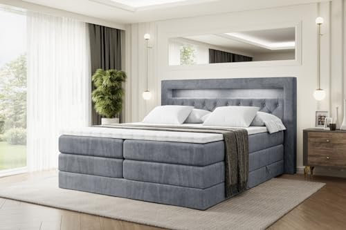 ALTDECOR Boxspringbett mit Matratze und Lattenrost, LED, Topper, Polsterbett mit Bettkasten, Bett mit Stauraum H3- und H4- Matratze, Doppelbett, Springboxbett - Noel Gold King - 180x200 - Grau Samt