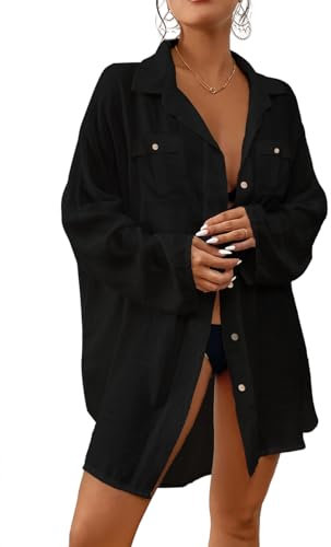 Bsubseach Frauen Button Down Strand Shirt Cover Up für Bademode Bluse Tops Schwarz ohne Geteilter Kordelzug