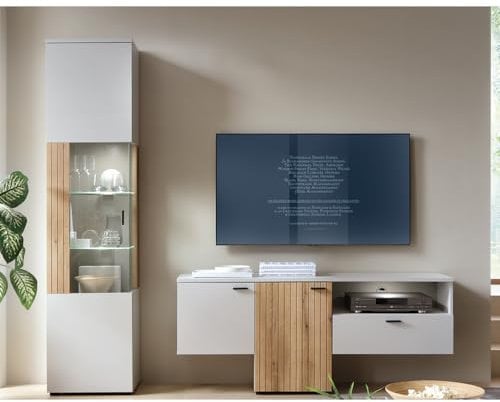 Wohnwand Wohnmöbel Set grau mit Eiche 2-teilig modern, 1 Lowboard, 1 Vitrine inkl. Beleuchtung