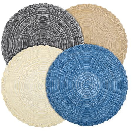 fanquare Set de Table Rond Tressé 4 Couleurs Glam Style Fermier Sets de Table en Coton Mélangé 38cm Tapis de Table Tressé Antidérapant, Chargeurs de Couverts