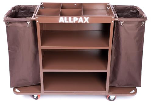 Allpax Housekeeping Wagen aus Metall - 142 x 46 x 112 cm - Ablageflächen über 4 Etagen - inkl. 2 Wäschesäcke 24 x 37 x 80 cm (B x T x H) - Zimmerservicewagen, Reinigungswagen, Wäschewagen, Putzwagen