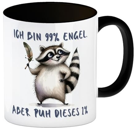 Waschbär Kaffeebecher in schwarz mit Spruch Ich bin 99% Engel Aber puh dieses 1% Lustige Tasse Humor Witzig Spaßig Verspielter Schelm-Stil Komödie Pur