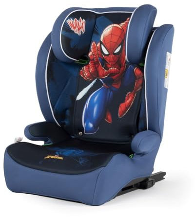 Tataway Marvel Spiderman Autositz mit ISOFIX-Befestigung für Kindersicherheit mit einer Körpergröße von 100 bis 150 cm mit Grafiken des Superhelden Spider-Man auf blauem Hintergrund