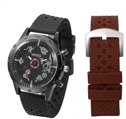 JewelryWe Militär Uhren Herren Silikon: Steampunk Davidstern Analog Quarz Skelett Armbanduhr Männer Schwarz Gummi Band Feld Taktische Militäruhr Große Sport Uhr mit Braun Ersatzarmband und Geschenkbox