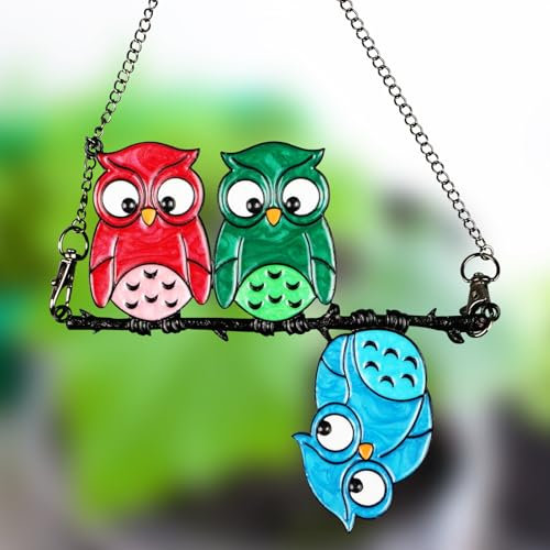 Mehrfarbige Eule auf einem Draht-Buntglas-Fensterbehang, Fensterdeko hängend Suncatcher Owl Suncatcher Fenster deko hängen, Für Fenster hängende Vogel-Sonnenfänger