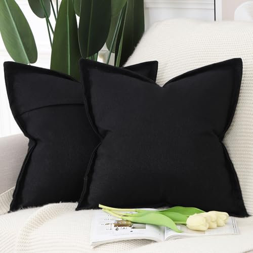 Madizz 2er Set Leinen Kissenbezügen mit breiter Kante Weiche dekorative Kissenbezüge für Sofa Schlafzimmer Kissenhülle Schwarz 60x60 cm Quadrat