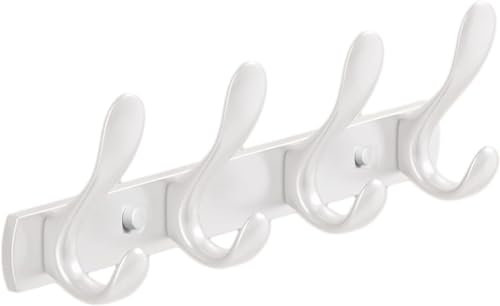 YUET 4 Door Hook Coat Bathroom Towel Hooks Wall Mounted Screw Fixed - Heavy Duty Hanger - Stainless Steel Robe Rack Holder in Bedroom or Kitchen Wall Mount (White)