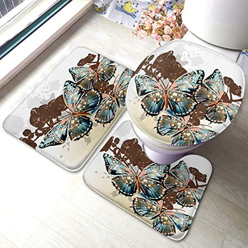 rutschfeste 3 Badteppich Set Schmetterlinge Und Orchideen Aquarell Strichzeichnung Badezimmer Set Langlebige Waschbar Badezimmer Matte, Für Wc-Sitz Bezug, Wohnzimmer