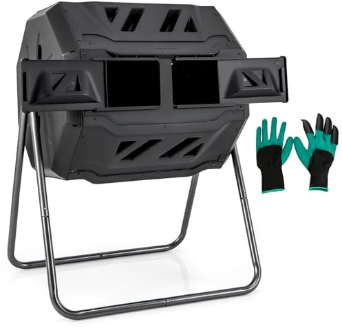 GOPLUS Composteur de Jardin, Bac à Compostage à Double Chambre de 160 L avec 2 Portes Coulissantes, Cadre en Métal, Grand Composteur Rotatif sans BPA pour Déchets de Cuisine, Jardin, Cour (Noir)