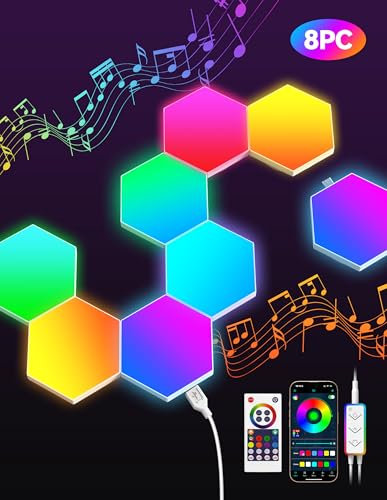 TECKNET Hexagon LED Lights,8 Pack RGB Gaming Hex Wall Light Panels Sync to Music,Smart Lights with APP & Remote & Wired Control for Room Bar Bedroom Home Gaming Room Decor Present