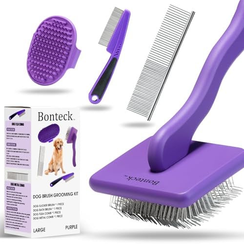 Bonteck Hundebürsten für Hunde Pflege Set 4-teilig I Große Hundebürste Langhaar für Pudelbürste Doodles Unterwolle I Lange Nadel Slickerbürste Badebürste und Hundekam Lila Dog Brush