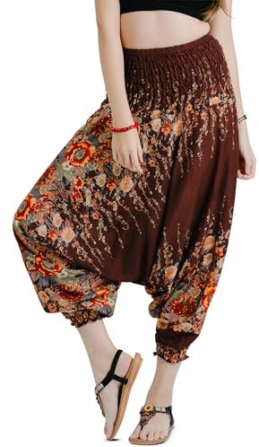 YOUR COZY Harem Pants for Women Hippie Boho Clothes Mc Hammer Pants Jumpsuit Casual Loose Beach Sweatpants Comfortable Baggy Boho Yoga Trousers (Brown Flowers_S)