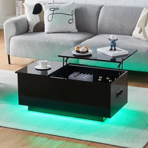 TUKAILAI Couchtisch Schwarz Hochglanz mit stauraum, Wohnzimmer Couchtisch mit LED Beleuchtung, Wohnzimmertische für Wohnzimmer,Einstellbar Couchtisch Holz Rechtecke,Modern 100x50x40cm