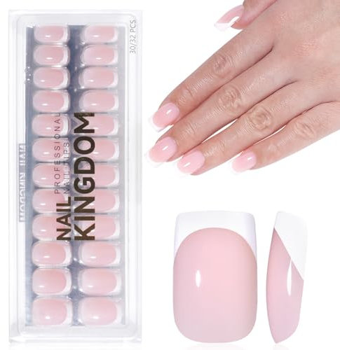 DMQ French Press on Nails Short, 32Pcs Square White Tip French False Nails, Nude Pink Fake Nails, Full Cover Stick on Nails with Glue for Girls Nail Art Manicure Decorations