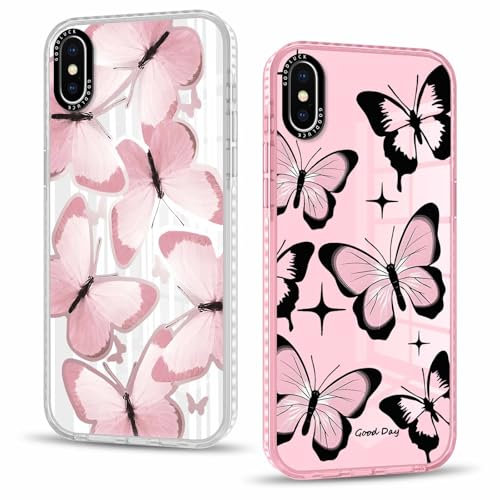 Phoona 2 packs Phone Case for iPhone XS Max 6,5'', Butterfly Pattern with Cute Clear Transparent Aesthetics Design Cover, Soft Shockproof Protective Bumper Slim Funda for Women Girls, 03