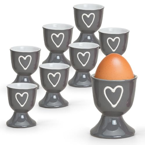 Bunte Landhaus-Stil Eierbecher 8er Set grau - Runde Keramik Frühstücks-Eier Herzen Untersetzer