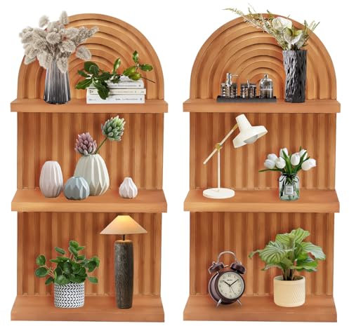 Tefola 2 estantes de pared de madera bohemia, paneles de madera a rayas arqueadas con estantes flotantes, estante de decoración de pared de madera bohemio para macetas, libros, velas, fotos, guardería