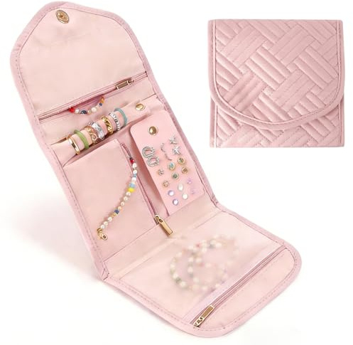 Gadom Travel Jewellery Organiser, Foldable Flat Jewellery Storage Roll Large Capacity Waterproof Jewelry Pouch for Rings Necklaces Bracelets Earrings, Portable Velvet Travel Bag Gift Box (Pink)