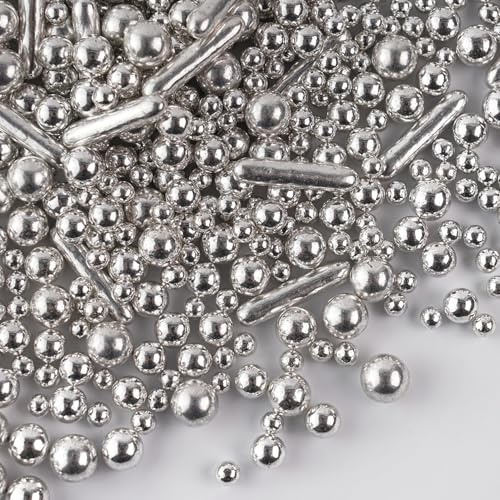 Silber Essbare Perlen für Tortendeko, 130g Streusel für Kuchen Backfeste Muffin Cupcake, für Weihnachten Halloween Hochzeiten Kommunion und tägliche Kuchendekorationen