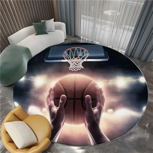 Generisch Waschbarer Runder Teppich Weltraum Sport Basketball 120 cm Kurzflor Extra Weich Pflegeleicht Runde Teppiche Schwarz, rutschfest Fusselfrei Läufer für Wohnzimmer Schlafzimmer, Küche