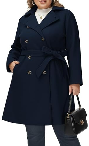 Hanna Nikole Damen Wollmantel Große Größen Zweireihiger Winter Mantel mit Taschen Gürtel Langarm Mittellanger Trenchcoat