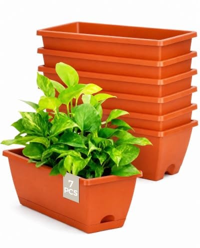 Bamworld Lot de 7 jardinières rectangulaires en Plastique avec Trous de Drainage et Plateaux pour Rebord de fenêtre, terrasse, Porche, décoration de Jardin, Rouge, 43 cm
