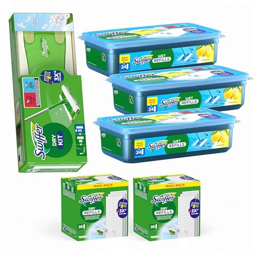 Swiffer® Bodenwischer XL Set | Dry & Wet Kit Starter-Set mit 1 Bodenwischer, 3X 24 Feuchte Wischtücher (Citrus Duft) und 2X 36 Trockene Bodentücher | Gesamtwischer-System zur Bodenr