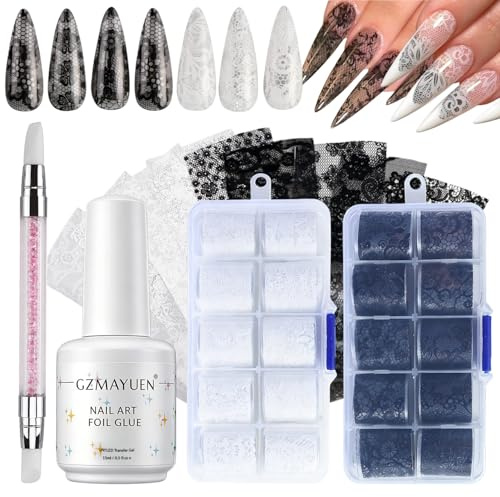 GZMAYUEN Transferfolie Nägel Nail Foil Glue Gel Nagellack mit Schwarz Weiß Lace Nail Foil Nagelsticker Set, 15ml Nail Art Transferfolien Gel