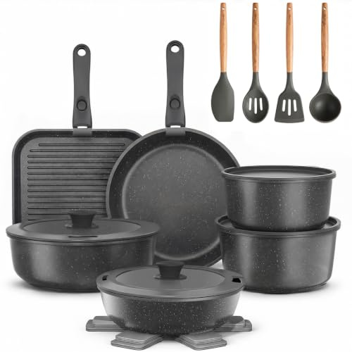 YASHE Pentole induzione 21 pezzi, atossiche, senza PTFE e PFAS | Set di Pentole e Padelle Antiaderente in Granito, Tegame con Coperchio, Salvaspazio Impilabile per Camper