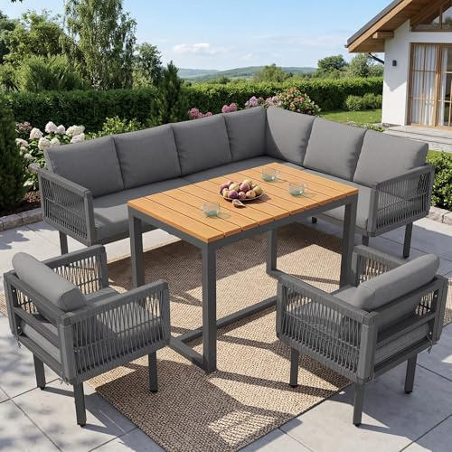 Lahoomu 6-teiliges Gartenlounge-Set, Ecksofa mit 2 Sesseln & Tisch, wetterfestes Stahlgestell, Sitzkissen in Grau, Outdoor Lounge für Balkon & Terrasse