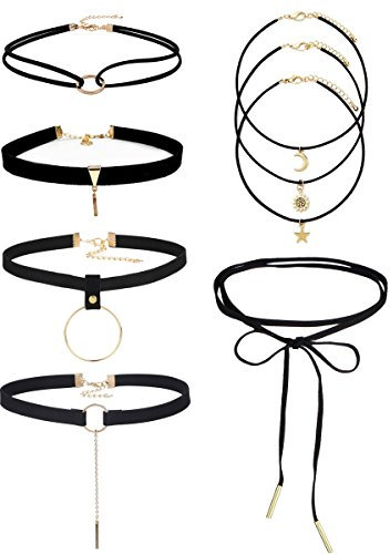 Tpocean 6 Stück Schwarze Samt Choker Halskette Set Gothic Punk Leder Gold Legierung Anhänger Charm Choker Layered Schnur Halsband Halskette für Frauen Mädchen