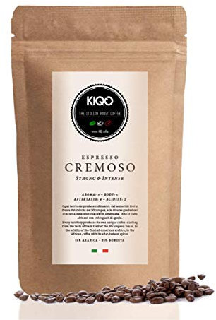KIQO CREMOSO 1kg Kaffeebohnen aus Italien - starker Premium Espresso - medium roast - für Kaffeevollautomaten oder Siebträger - 15% Arabica & 85% Robusta Bohnen (1000g - ganze Bohnen)