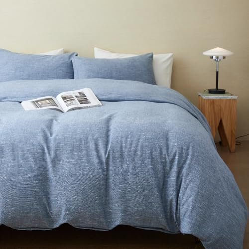 BFS HOME Leinen-Bettbezug für Queen-Size-Bett, weiche, atmungsaktive Baumwoll-Leinen-Mischung, 3-teiliges Bettwäsche-Set mit 2 Kissenbezügen, stonewashed Textur, Denimblau, Ganzjahres-Komfort