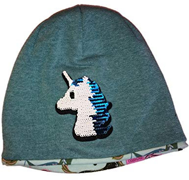 maximo Kids Girl-Beanie, doppelwandig mit schickem Futter, grünmelliert mit Einhornmotiven, Wendepailletten Einhorn (55)