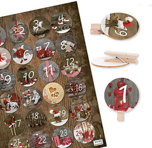 Logbuch-Verlag 1-24 Adventskalender Zahlen Klammern Kalender basteln Kinder Erwachsene Holzklammern mit Aufkleber