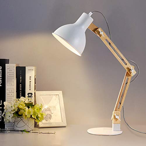 Depuley Klassische Schreibtischlampe Warmweiß LED Leselampe im klassichen Holz, E27 Glühbirne, Vintage Tischlampe Verstellbar Arbeitsleuchte, Bürolampe, Nachttischlampe für Schlafzimmer