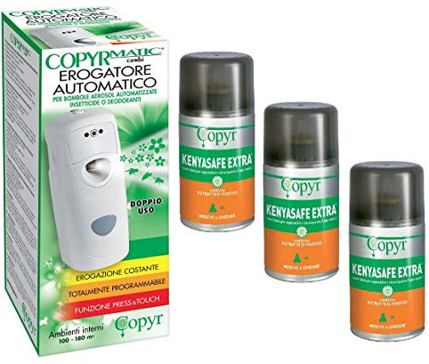 Copyr Kenyasafe Extra e Copyrmatic Combi - Insetticida Antizanzare, Mosche e Insetti Volanti, 3 Bombole 250ml + Erogatore Automatico, Piretro Insetticida Biologico e Repellente Zanzare Casa e Giardino