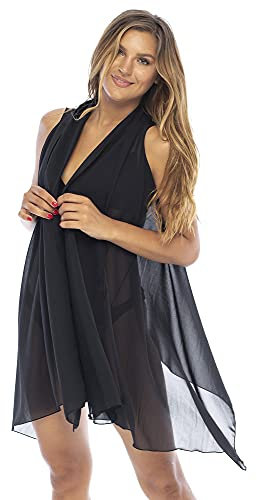 Back From Bali Womens Sleeveless Kimono Duster Sheer Chiffon Boho Cardigan Vest, Black, One Size