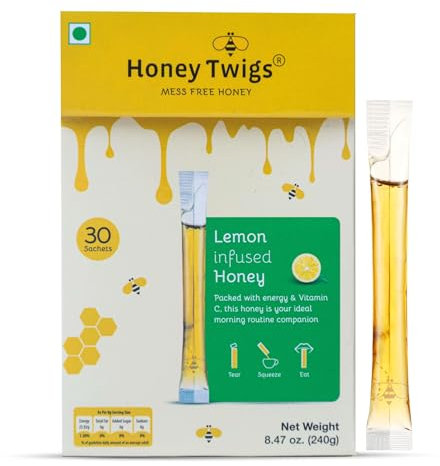 Lemon Infused Honey Sachets - 30 Count Single Serve Honey Sticks - 8 ml per sachet | 100% Pure, On the Go, Mess Free | HONEY TWIGS