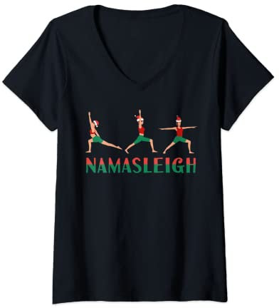 Damen Namasleigh Weihnachten Yoga Workout Rentier Xmas Lights Funny T-Shirt mit V-Ausschnitt